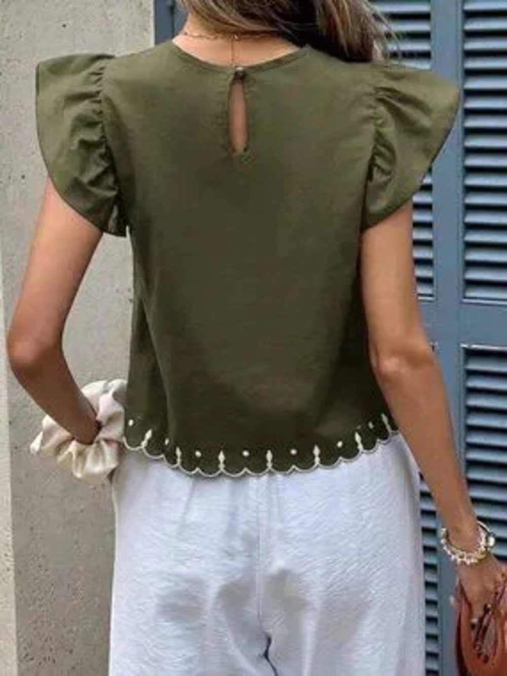 ZARA Army Green Casual Women's Vacation Embroidered Cap Sleeve Blouse
